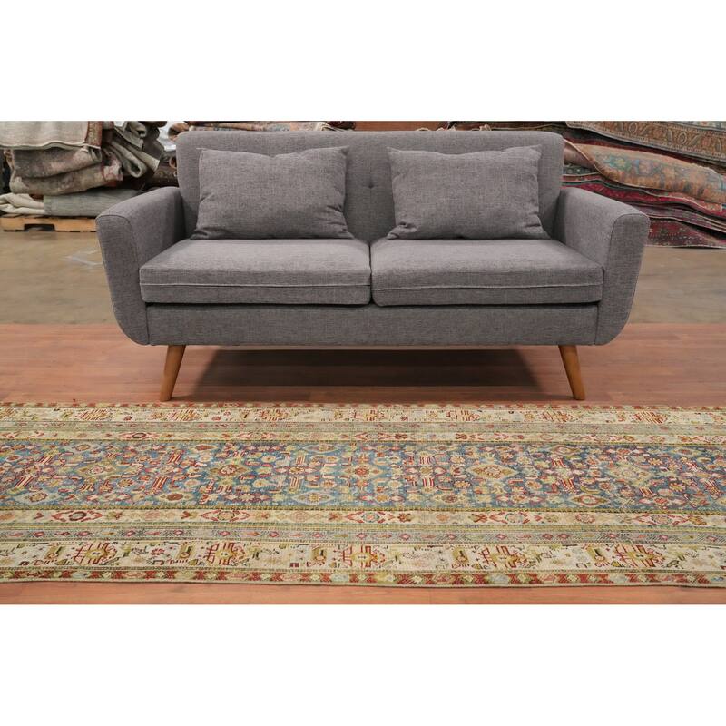 Hand Knotted Oriental 100% Wool Carpet Traditional Geometric Navy Blue & Blues Malayer Runner Rug - 15' 10'' X 3' 1''