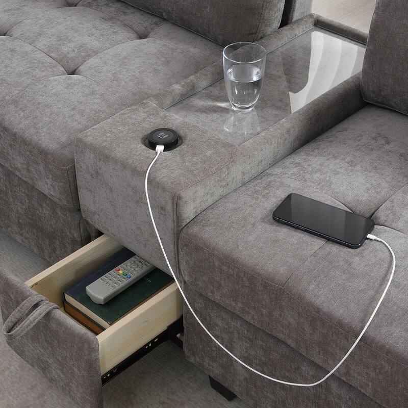 8-Piece Modular Chenille Sectional Sofa with Movable Ottoman, 2 Acrylic Top Consoles, Storage Drawers, Wireless & USB Charging