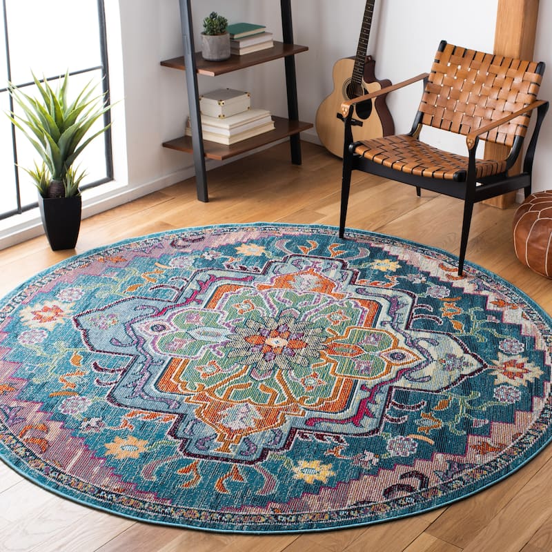 SAFAVIEH, Crystal Naimat Vintage Boho Medallion Rug - 9' Round - Teal/Rose