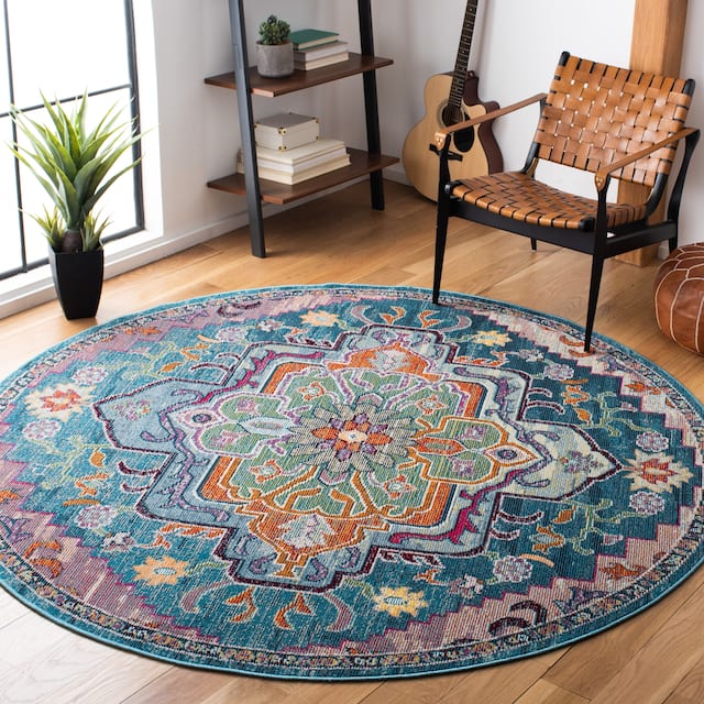 SAFAVIEH Crystal Floretta Vintage Boho Medallion Rug - 3' Round - Teal/Rose