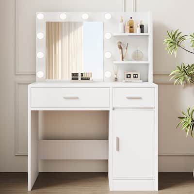 Compact Vanity Table with Lighted Rectangular Mirror, Two Drawers, and Cabinet, Includes Stool