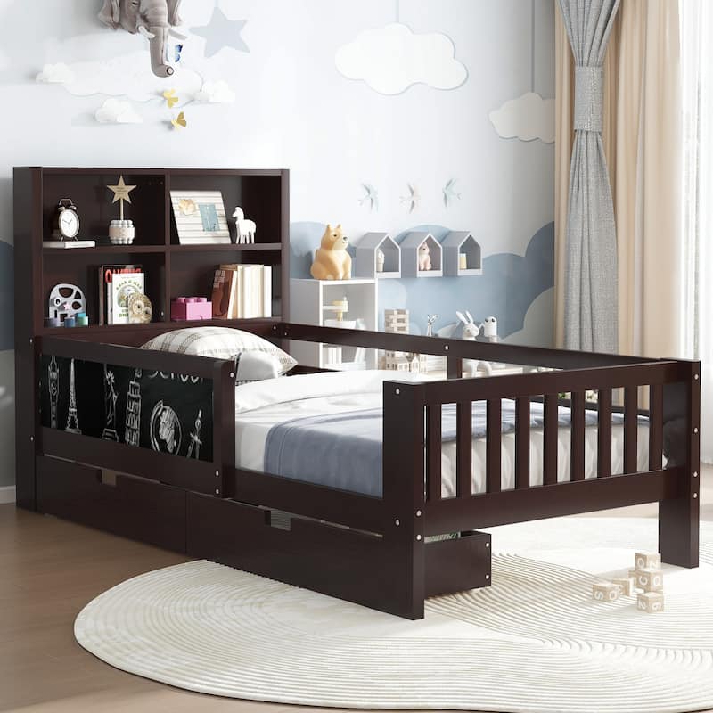Childlike Fun Solid Wood Low-profile Platform Bed Storage Bed Frame with Side Chalkboard, Open Shelves, Drawers and Guardrails