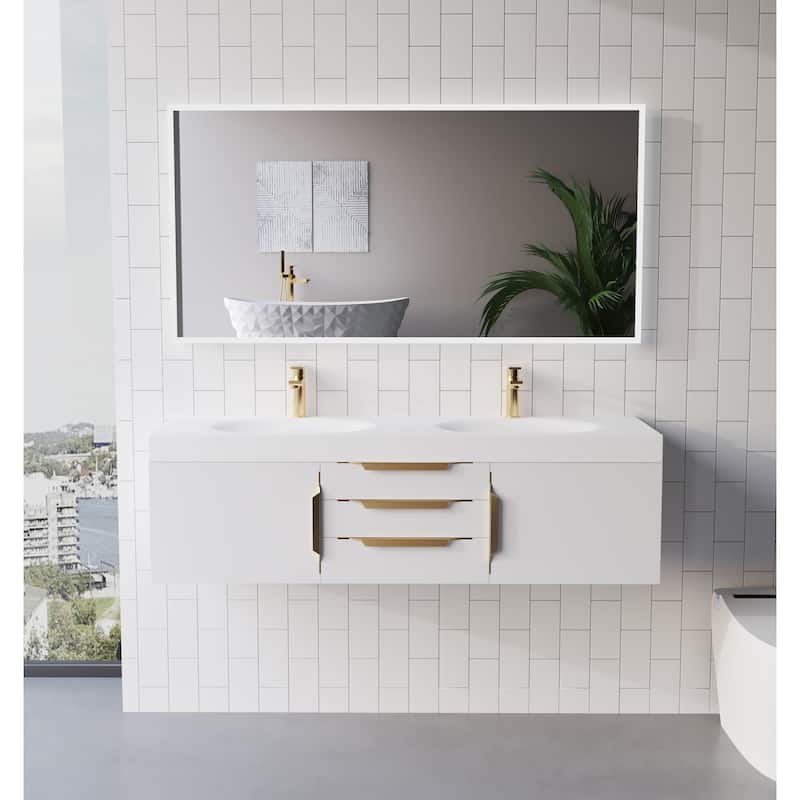 Thames 60" Shallow Basin Wall Mounted Bathroom Vanity Set w/ White Top