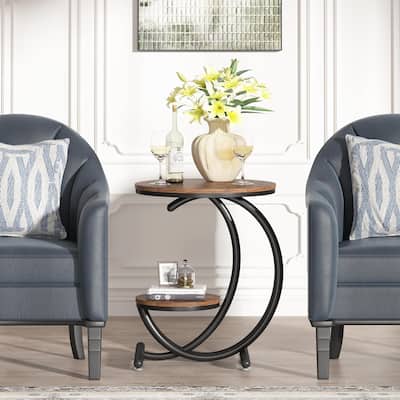 16.68" Industrial Round Side Table, 2-Tier End Table with Storage