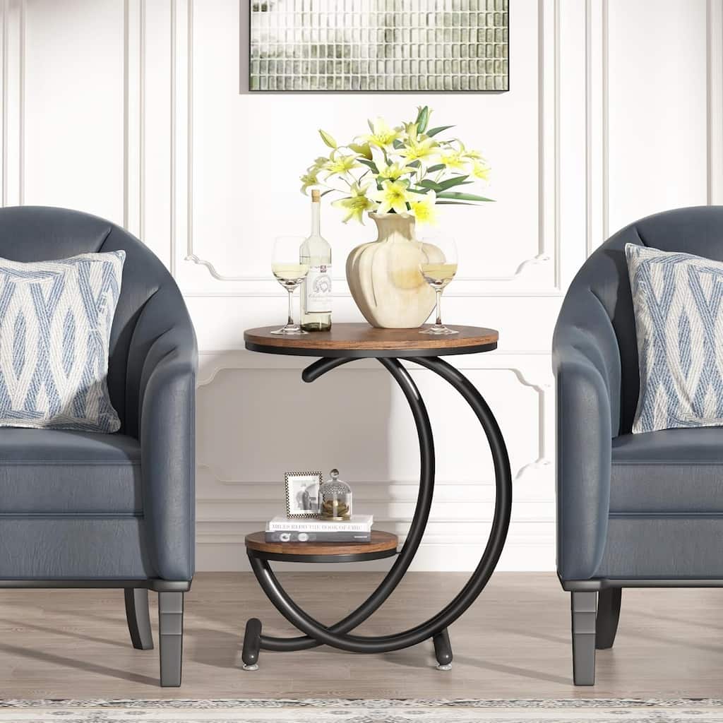 16.68" Industrial Round Side Table, 2-Tier End Table with Storage