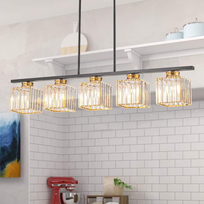 Modern Kitchen Island Lighting 5 Light Linear Chandelier with Crystal Shade - Multi - W 39.37" - W 39.37" - Multi