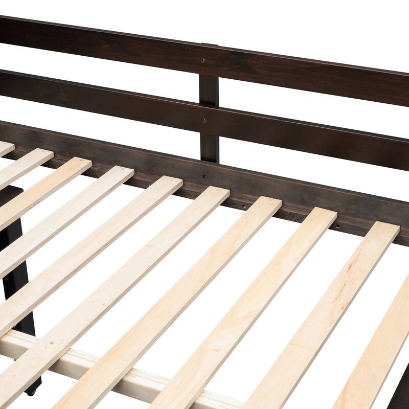 Full Size Loft Bed with Retractable Desk, Storage Stairs, Shelves, and 3 Drawers in Espresso Finish