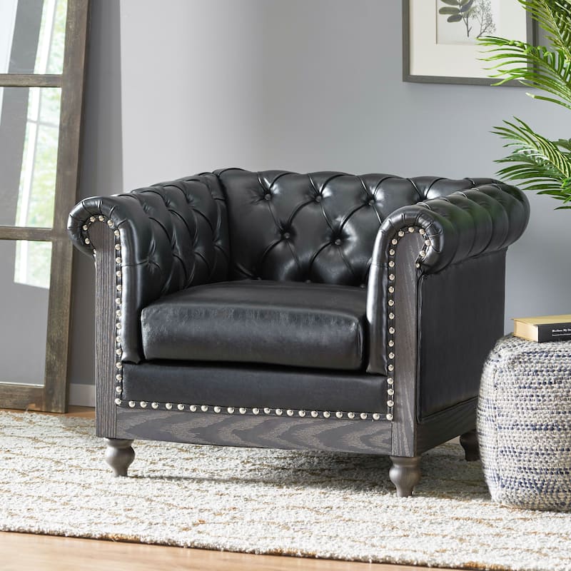 Castalia Chesterfield Tufted Club Chair by Christopher Knight Home - 39.00" L x 33.50" W x 28.00" H - Midnight Black + Dark Brown