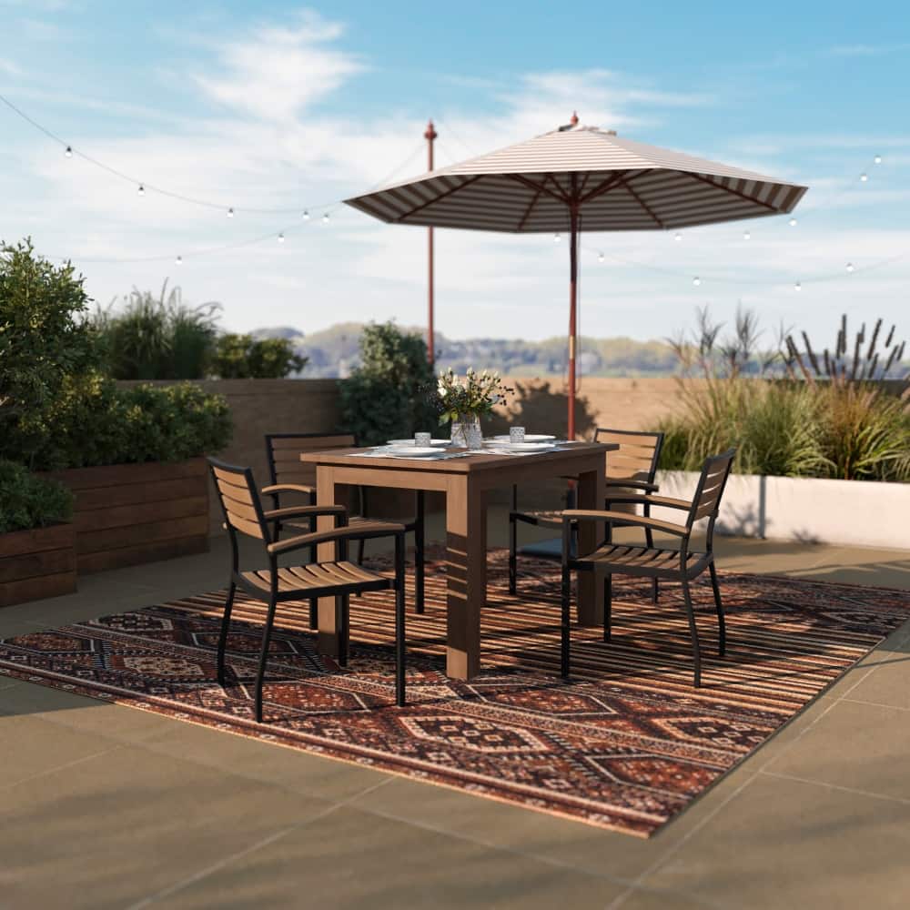 Set of 4 Stackable All-Weather Metal Patio Chairs with Faux Teak Slats