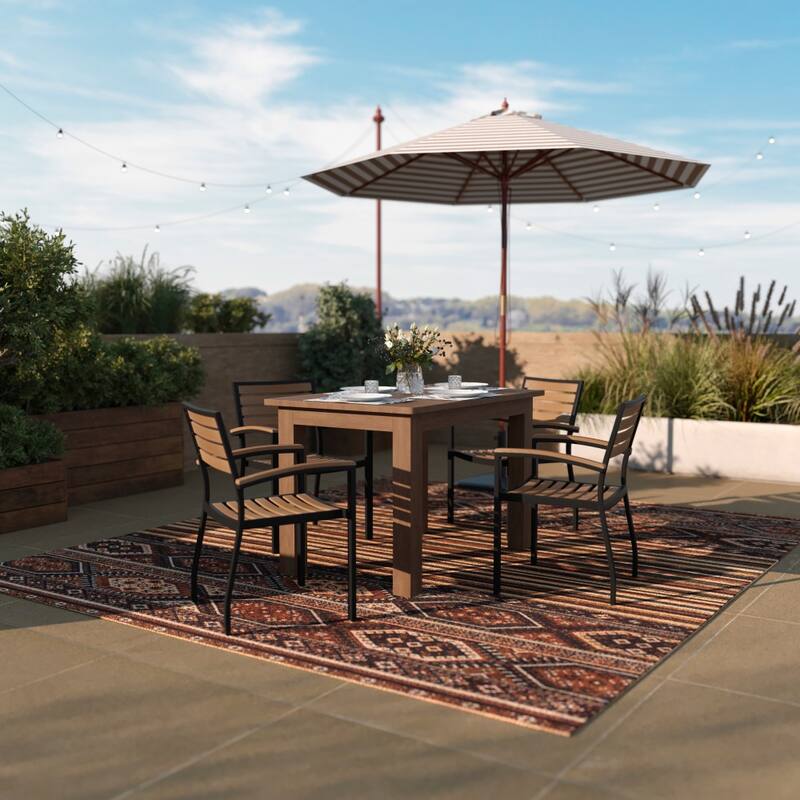 Set of 4 Stackable All-Weather Metal Patio Chairs with Faux Teak Slats - Teak