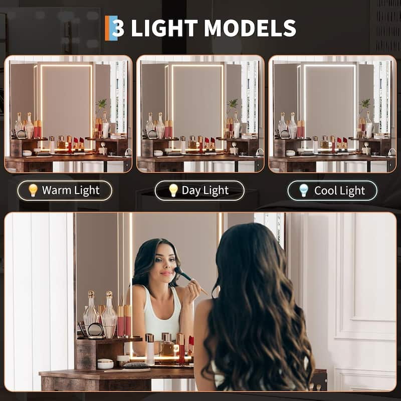 Corner Vanity Desk and Stool, Makeup Dressing Table Set with Light Mirror