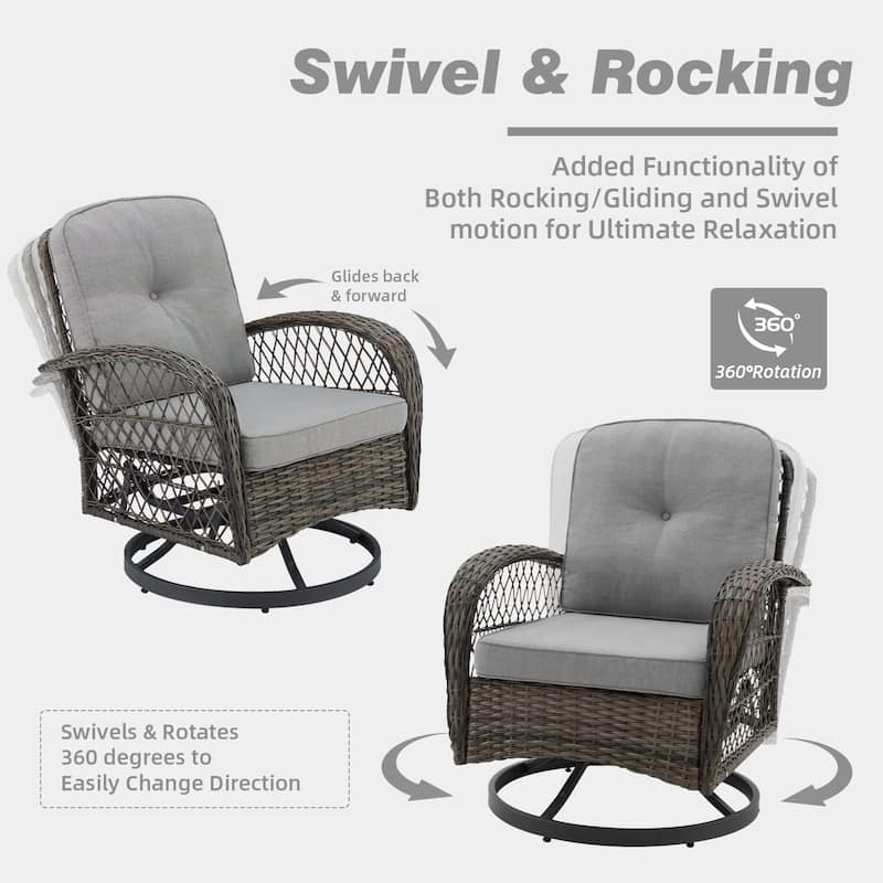 EROMMY Outdoor 3 Pieces Swivel Rocker Patio Chair Sets with Glass Table, All-Weather Wicker & Thickened Cushions for Backyard