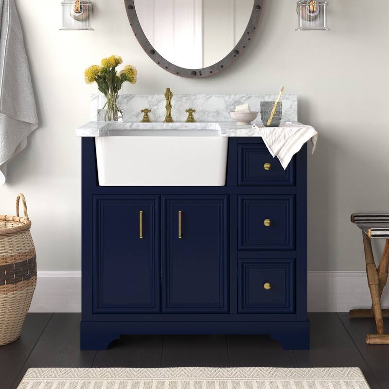 KitchenBathCollection Zelda 36" Farmhouse Bathroom Vanity with Carrara Marble Top