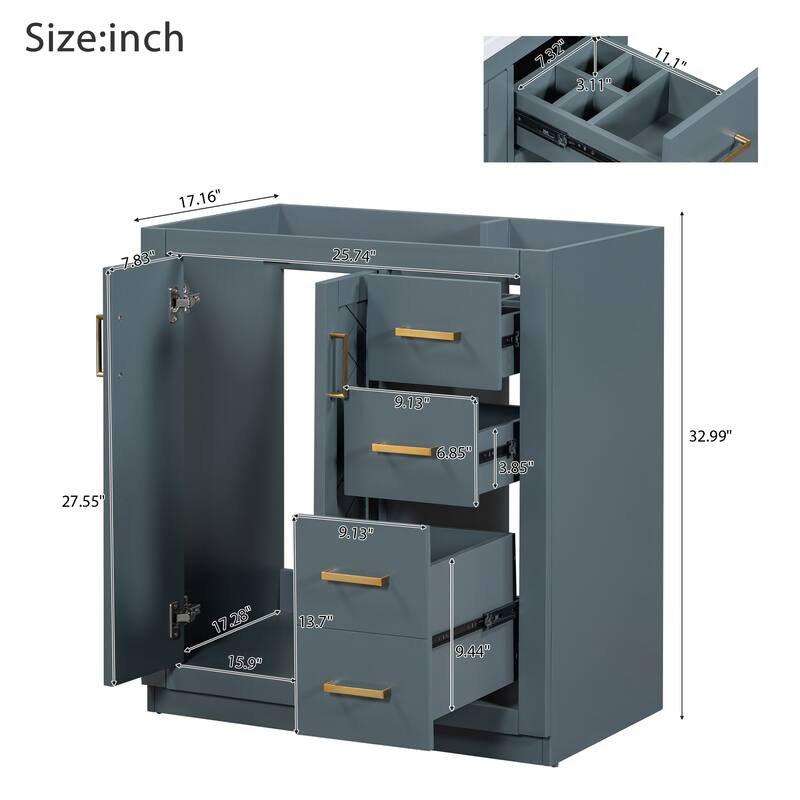 Retro Style Bathroom Vanity Cabinet with Solid Wood Frame, 3 Drawers, Soft-Closing Hinges - 29.53in L Solid Wood+MDF