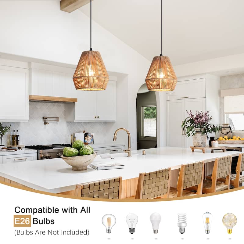 Boho Coastal 1-Light Hand-Woven Rattan Pendant Light for Kitchen Island Hallway (Set Of 2) - 7.28 in