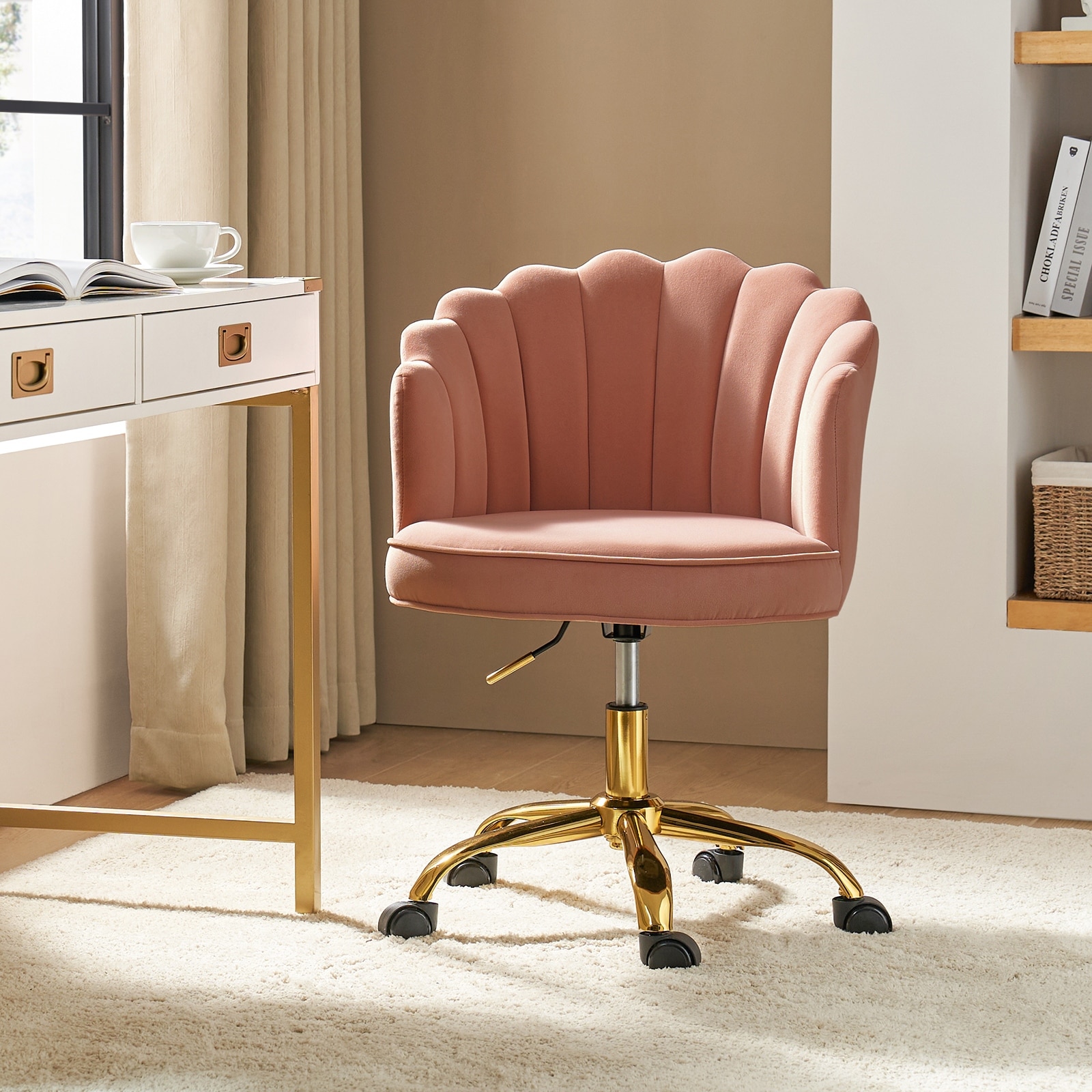 HULALA HOME Ramiro Modern Velvet 360 Swivel Height Adjustable Tufted Back Task Chair with Golden Metal base