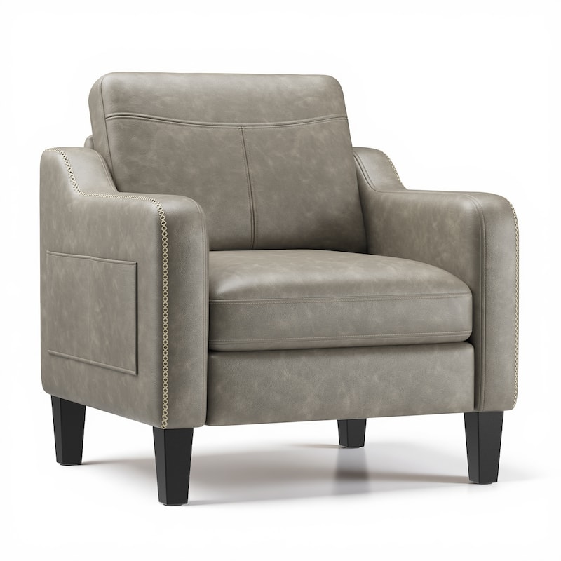 Modern Accent Chair PU Leather Mid-Century Design Removable Cushions Living Room - Grey