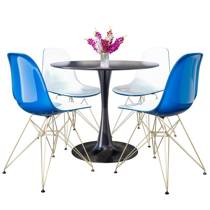 5-Piece Dining Set with 35" Round MDF Table and 4 ABS Plastic Side Chair with Gold Metal Legs - White Blue