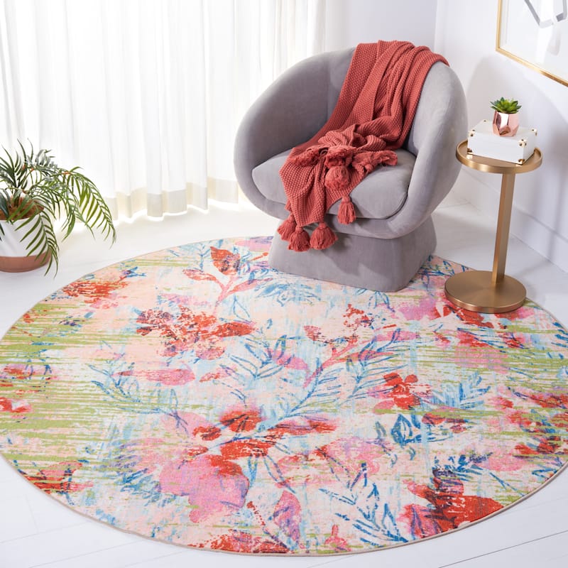 SAFAVIEH Paint Mrinal Machine Washable Slip Resistant Artura Rug - 6'7" Round - Blue/Blush Pink