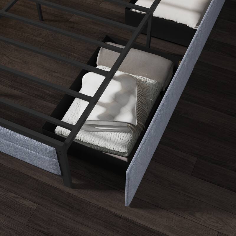 French Queen Size Bed Frame Platform with Brown/Black Storage Headboard & 4 Storage Drawers