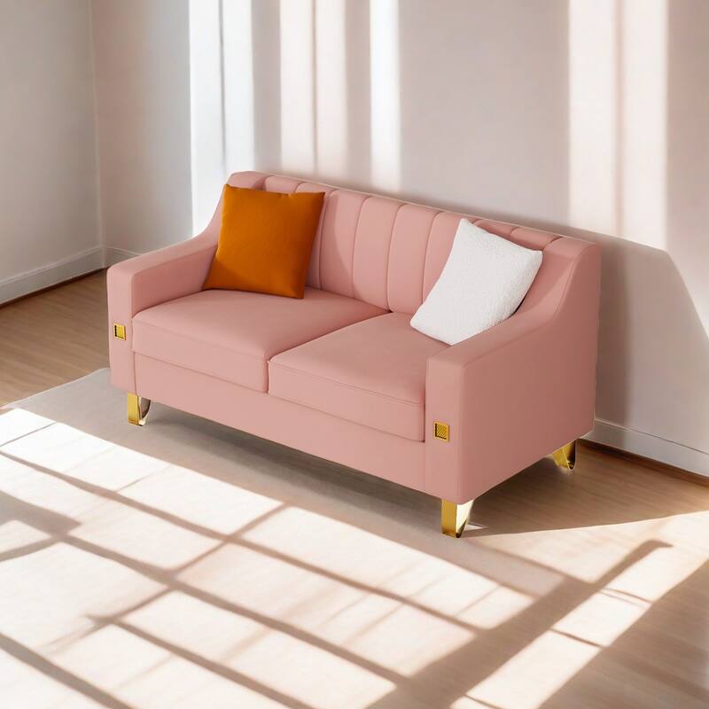 Luxury pink Velvet Loveseat Sofa with Gold Accents - Modern 3-Seat Couch with Plush Cushions - Pink