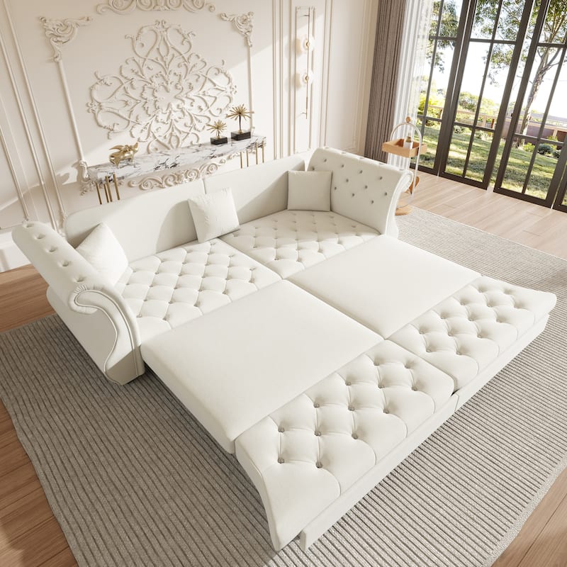 Chesterfield Pull Out Sofa Bed, Oversized 3-Seater/4-Seater Velvet Couch with Flared Arms, Convertible Sleeper Sofa