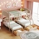 preview thumbnail 2 of 7, Beige Full over Twin & Twin Velvet Triple Bunk Bed with Drawers and Guardrails