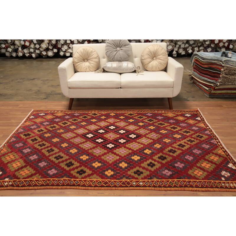 Hand Woven Oriental 100% Wool Carpet Southwestern Tribal Red Kilim Area Rug - 7' 4'' X 5' 5''