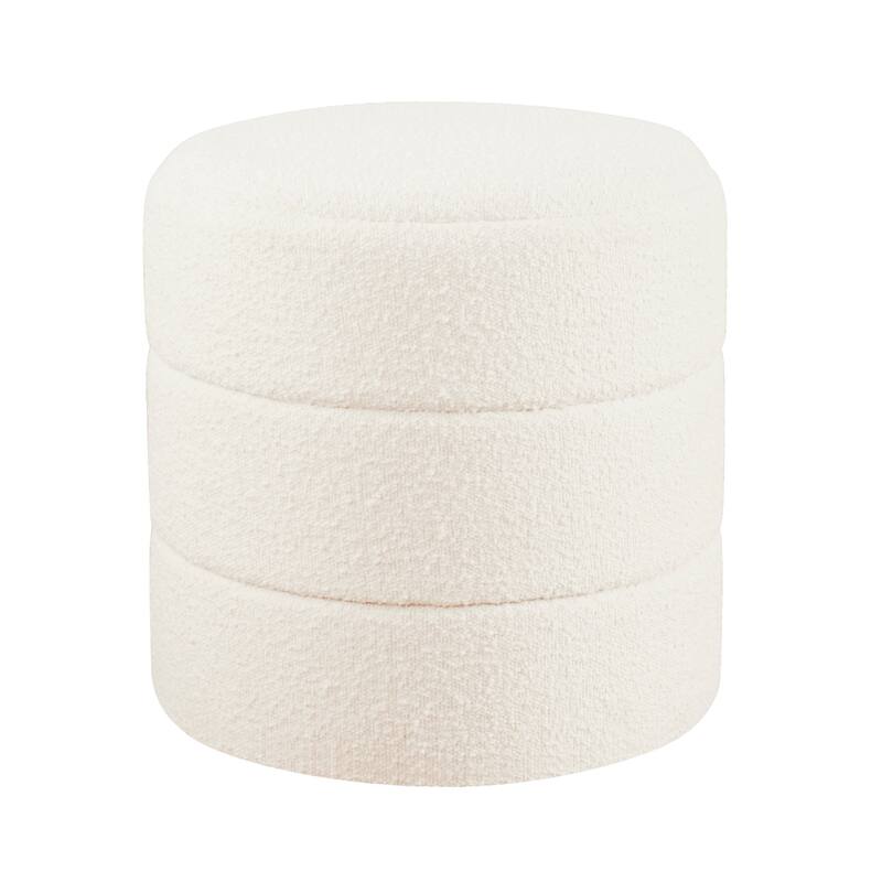 Sem 18 Inch Cream White Chanel-Stitched Boucle Round Accent Ottoman