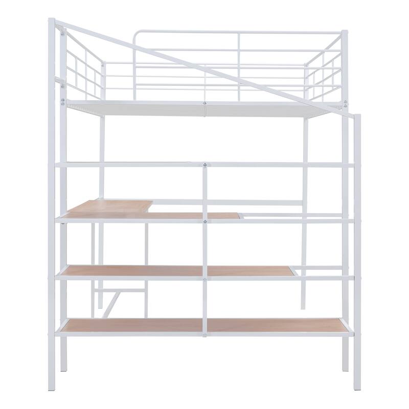 Full Size Chrome Metal Loft Bed with Built-in Desk and Lateral Storage Shelves, Space-Saving Design