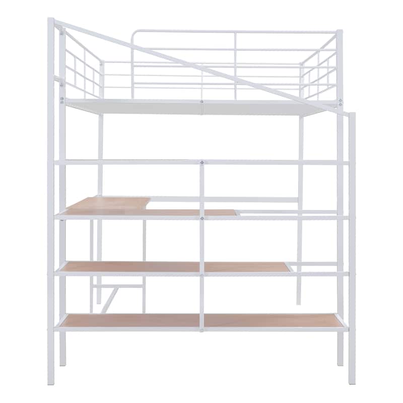 Metal Kids Loft Bed Frame, Under Bed with Desk and Storage Shelves, Lateral Storage Ladder & Slatted Guardrails