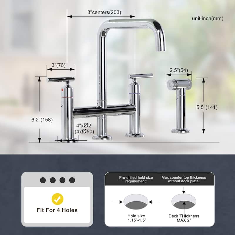 WOWOW Double Handle Bridge Kitchen Faucet with Side Sprayer