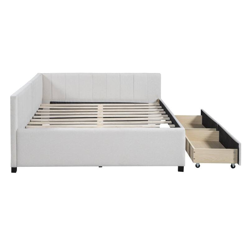 Full Size Upholstered Daybed with 2 Storage Drawers Sofa Bed Frame No Box Spring Needed, Linen Fabric