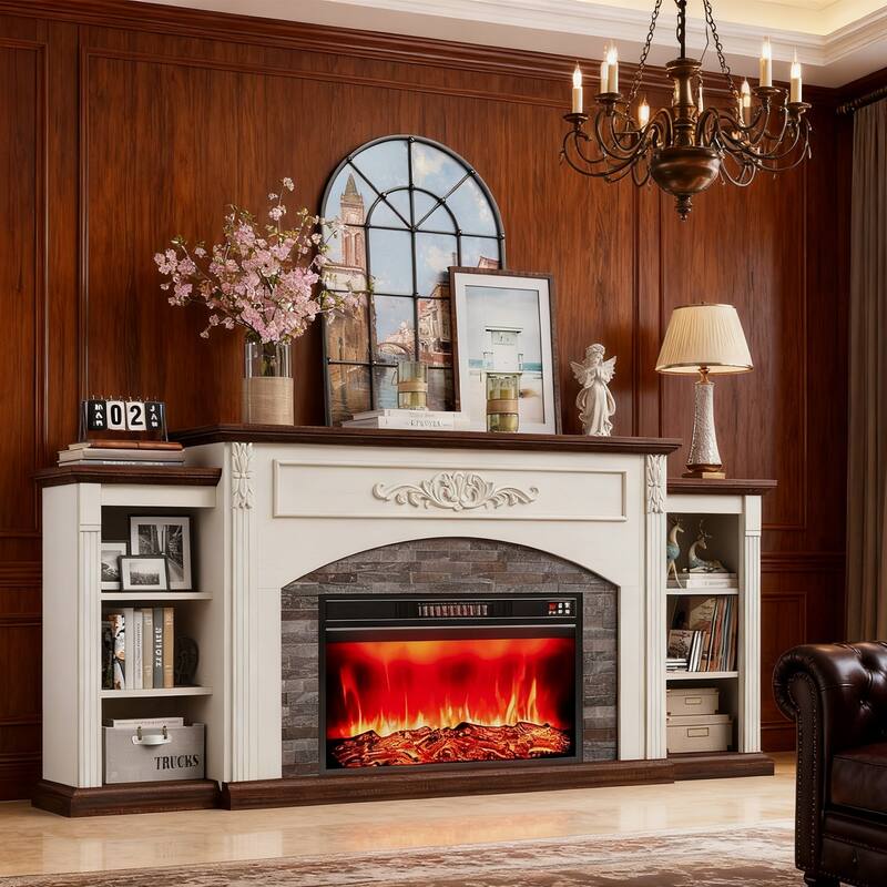 78 inch Electric Fireplace Mantel Fireplace TV Stand Entertainment Center with 30 inch Fireplace Insert Heater and Storage