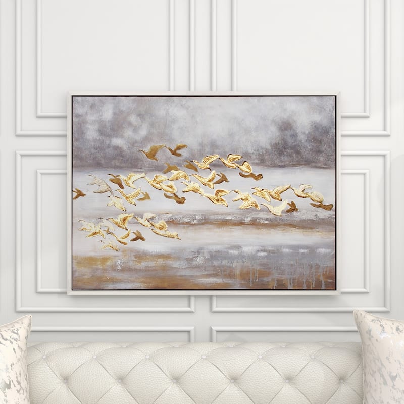 Canvas Bird Framed Wall Art with Silver Frame - Gold - Roche River Decor
