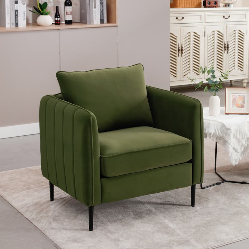 Velvet Accent Chair, Comfy Upholstered Single Sofa Chair, Armchair with 1 Pillow and Metal Legs for Living Room, Bedroom