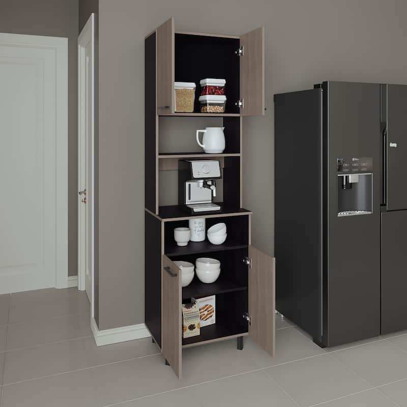 Kitchen Pantry, 4 Doors, 4 Legs, 4 Shelves, White Oak / Black Wengue with durable engineered wood construction