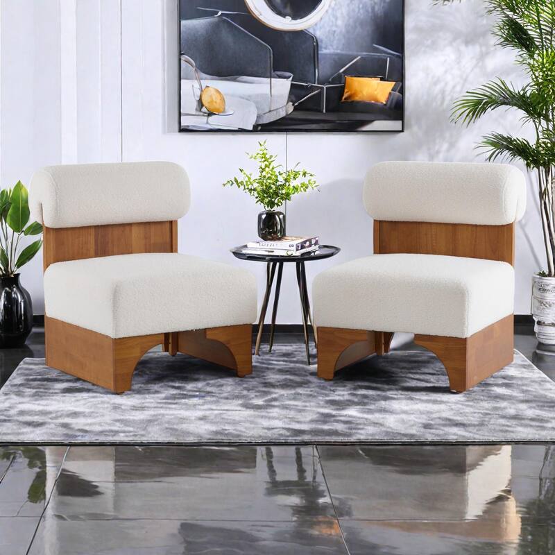 Boucle Lounge Chairs (Set of 2) with Solid Wood Frames, Rolled Backrests, and Ergonomic Design - Beige+Natural