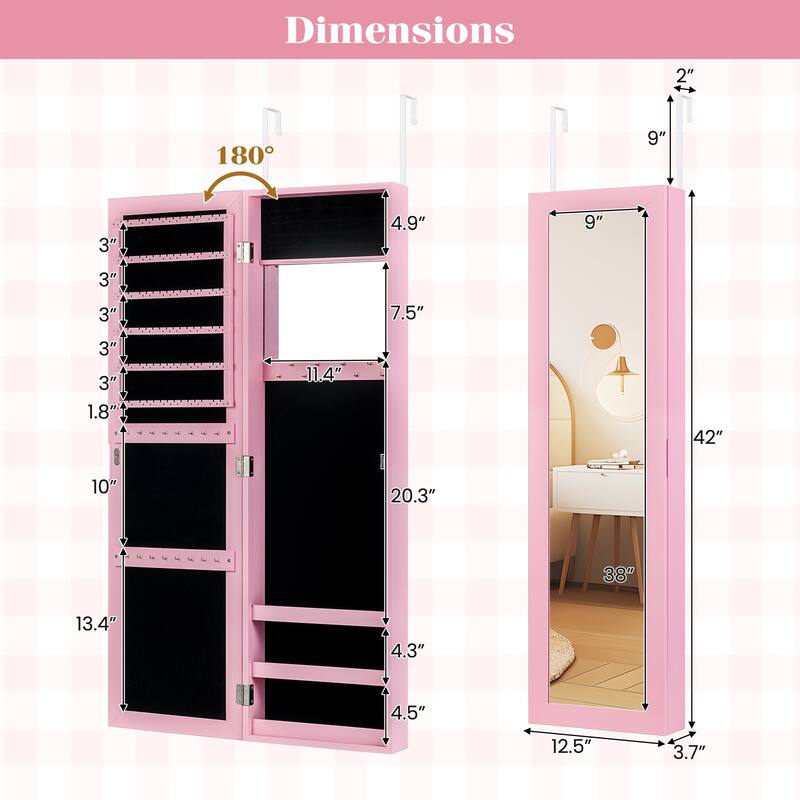 Wall Mounted or Door Hanging Jewelry Cabinet with Full Length Mirror and Inner Makeup Mirror - 12.5" x 3.7" x 43.5"