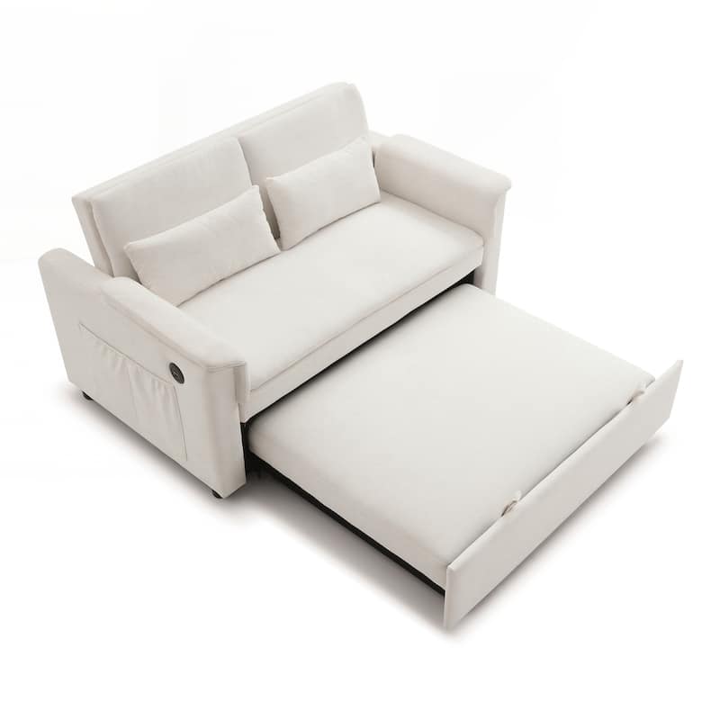 55" Velvet Two Seater Pull Out Sofa Bed, Adjustable Backrest With USB Ports, Two Side Pockets