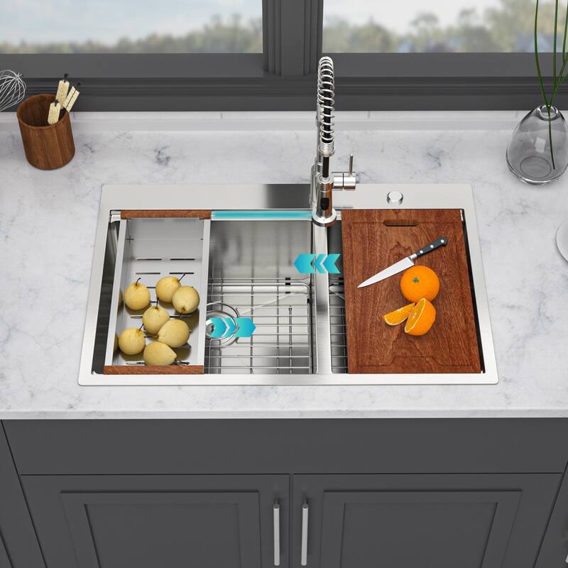Drop in Double Bowl (60/40) Kitchen Sink 16 Gauge with Two 10" Deep Basin