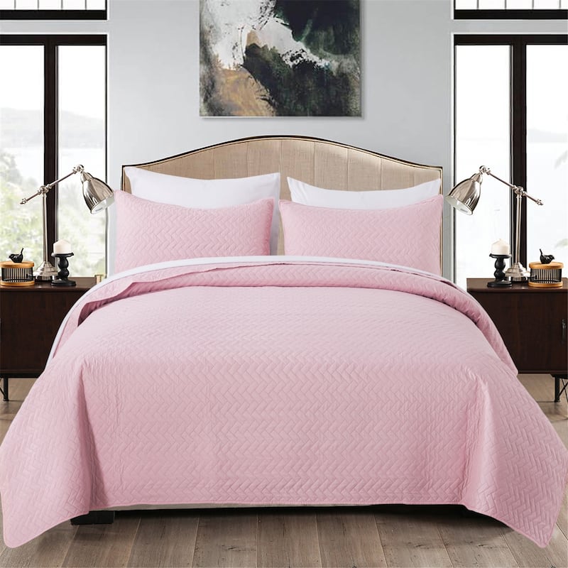 3-piece Fashionable Solid Embossed Quilt Set Bedspread Cover - Blush basket weave - Queen