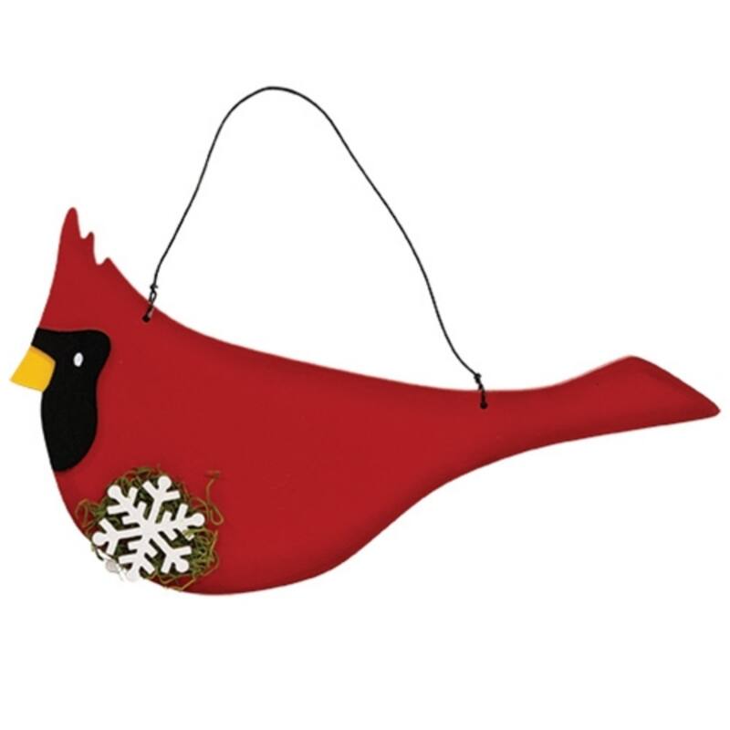 Wooden Mossy Snowflake Cardinal Hanger for Christmas Decor - 15" x 0.25" x 9" - Red