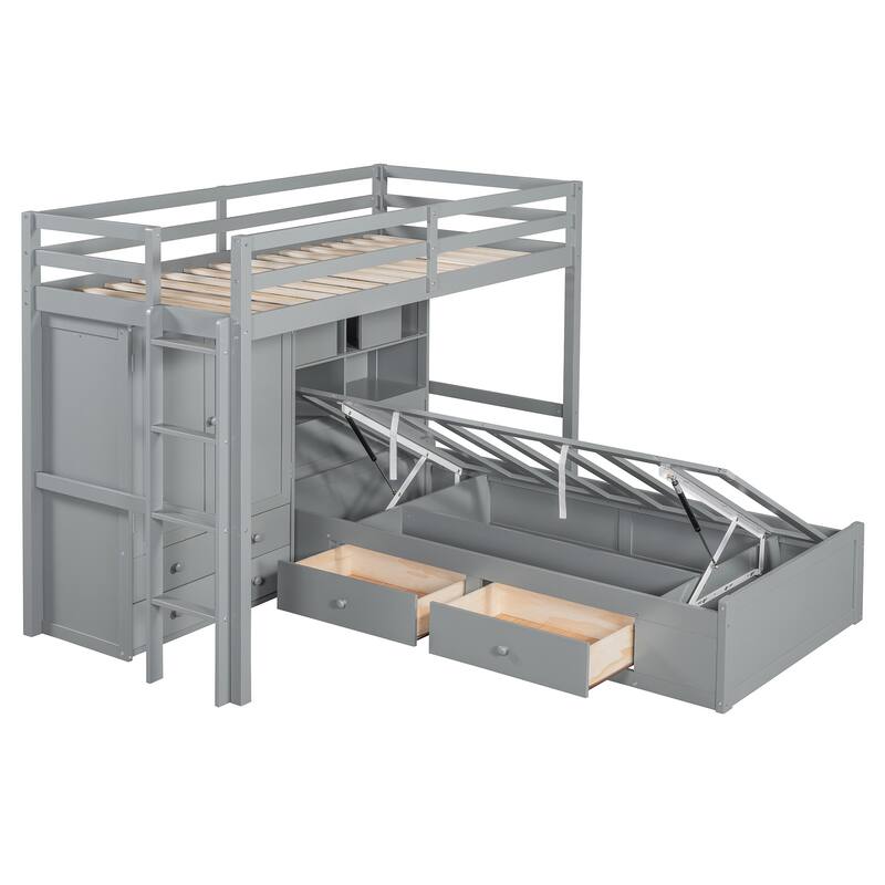 HomeRoots Gray Twin Over Twin Wood Bunk Bed With Drawers And Storage