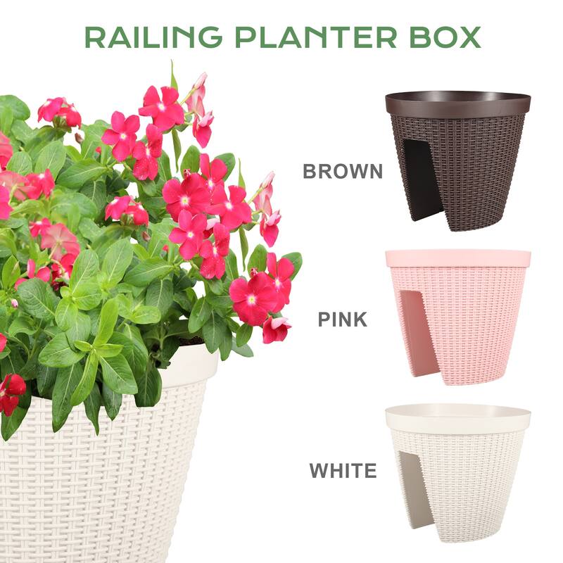 Aoodor 12'' Balcony Rattan Pattern Railing Planter Box with Drainage Holes and Adjustable Brackets-Set of 4 - 12''×11''