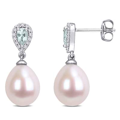 Miadora 9-10 MM Cultured Freshwater Pearl Aquamarine and 1/7ct TDW Diamond Earrings in 10k White Gold by Miadora