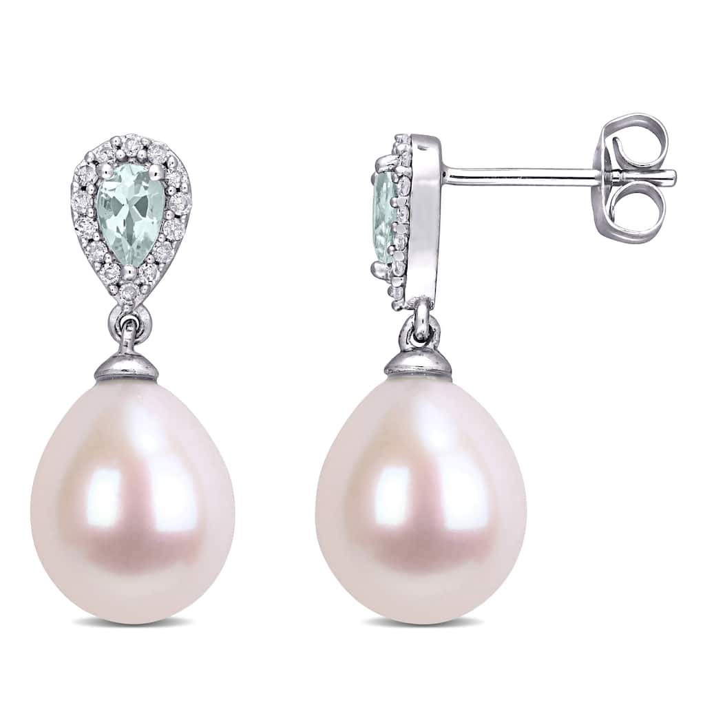 Miadora 9-10 MM Cultured Freshwater Pearl Aquamarine and 1/7ct TDW Diamond Earrings in 10k White Gold by Miadora
