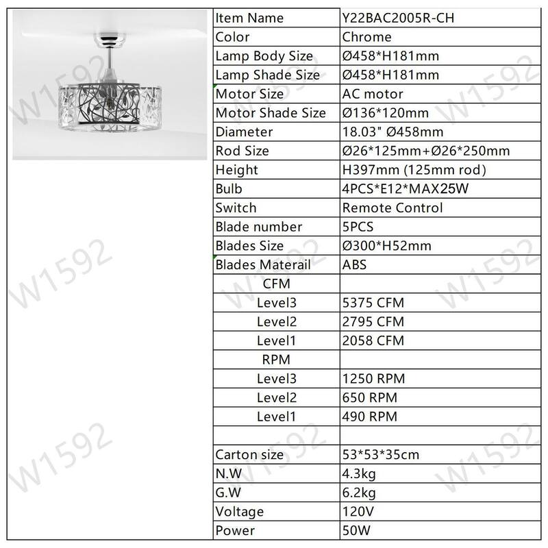 Cage Ceiling Fan Light with 5 Blades and Remote Control, 3 Speed Settings for Bedroom and Living Room
