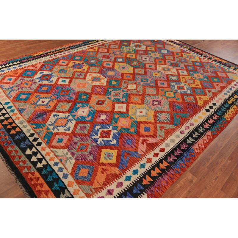 Geometric Kilim Reversible Area Rug Hand-Woven Tribal Wool Carpet - 8'3"x 11'5"