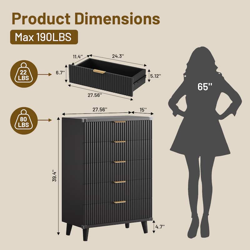 5 Drawer Tall Dresser for Bedroom, Slim Boho Bedroom Furniture